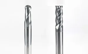 Visual comparison between a ball nose end mill (hemispherical tip) and a corner radius end mill (flat face with rounded corners).