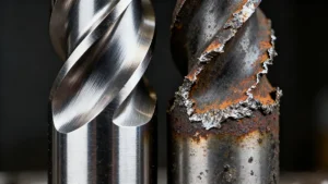 Macro comparison of a new and a worn carbide end mill, illustrating tool lifespan.